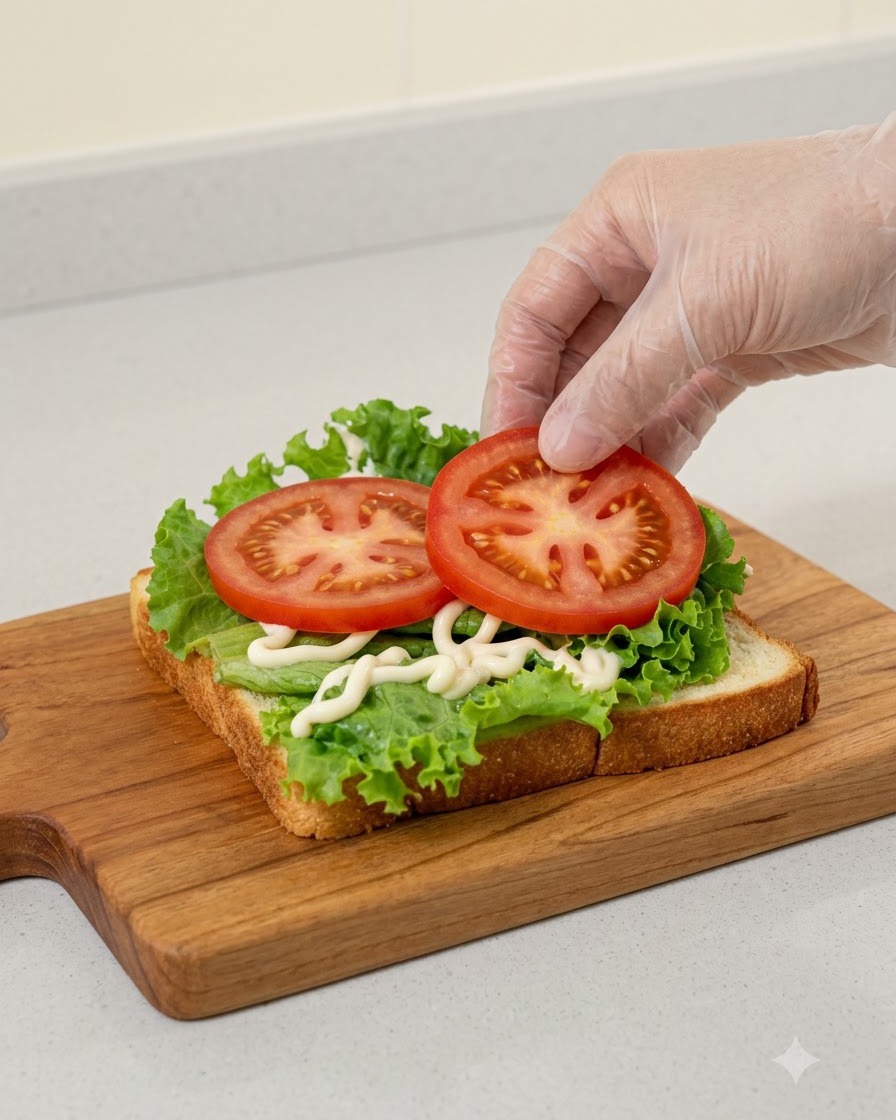 Gloved hand placing two round slices of red tomato onto the lettuce layer of the sandwich.
