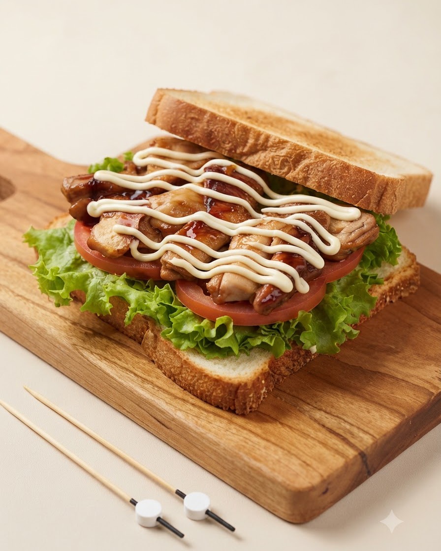 A close-up of a chicken sandwich layer showing a zigzag pattern of white mayonnaise drizzled over glazed teriyaki chicken.