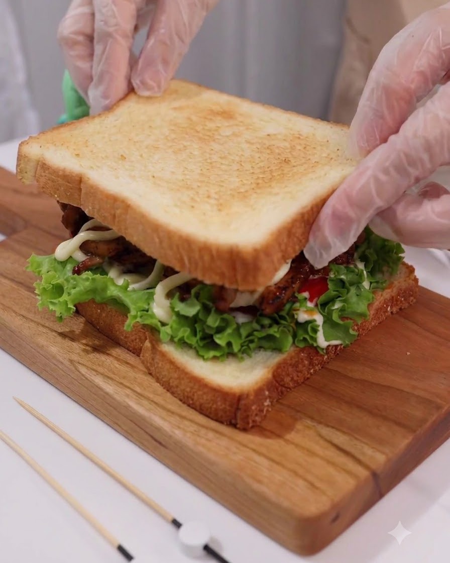 Hands wearing clear gloves gently placing a slice of golden-brown toast onto the assembled sandwich.