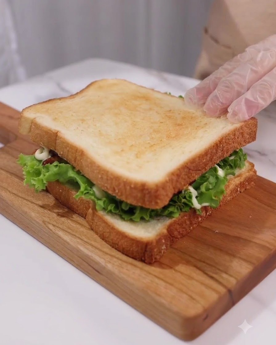 Two toothpicks being pushed into the top layer of a finished toasted sandwich on a wooden board.