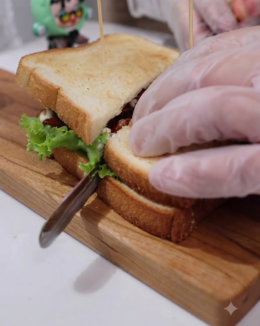 A knife cutting diagonally through a freshly made sandwich on a wooden cutting board.