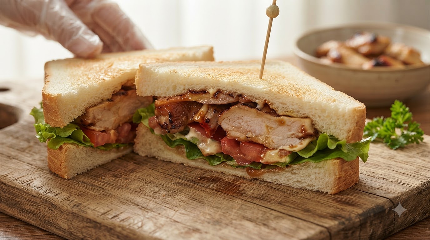 Two halves of a teriyaki chicken sandwich cut diagonally and secured with toothpicks, displayed on a wooden board.