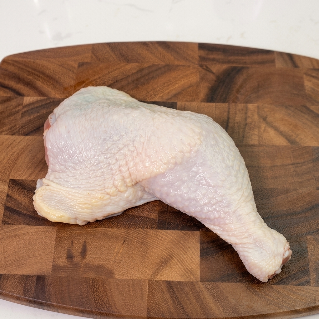 A raw chicken thigh being deboned with a sharp knife on a wooden cutting board.