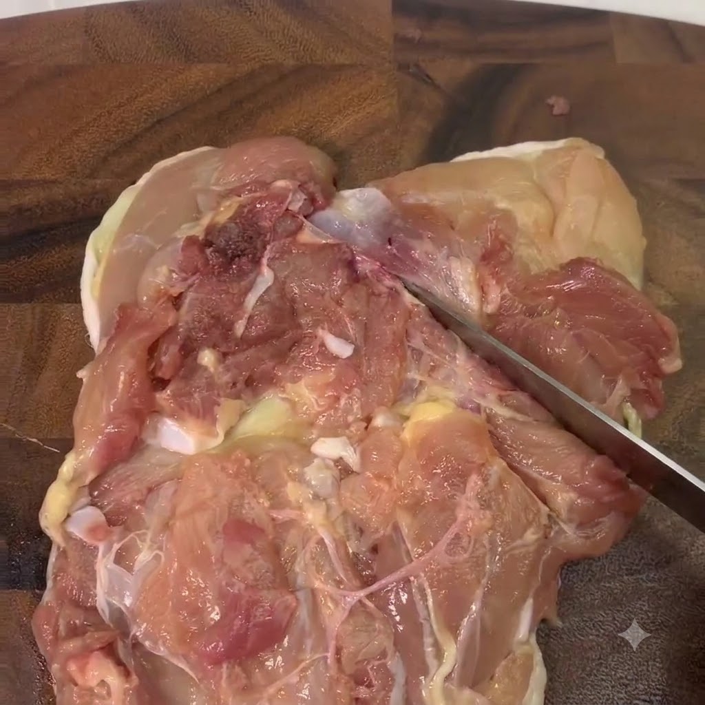Close-up of a deboned chicken thigh being scored with a knife on a wooden board.