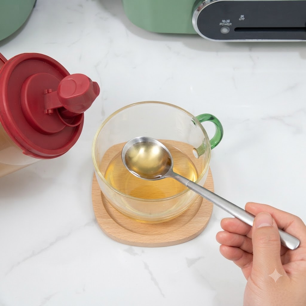 A spoon mixing the secret teriyaki sauce inside a clear glass bowl on a wooden coaster.