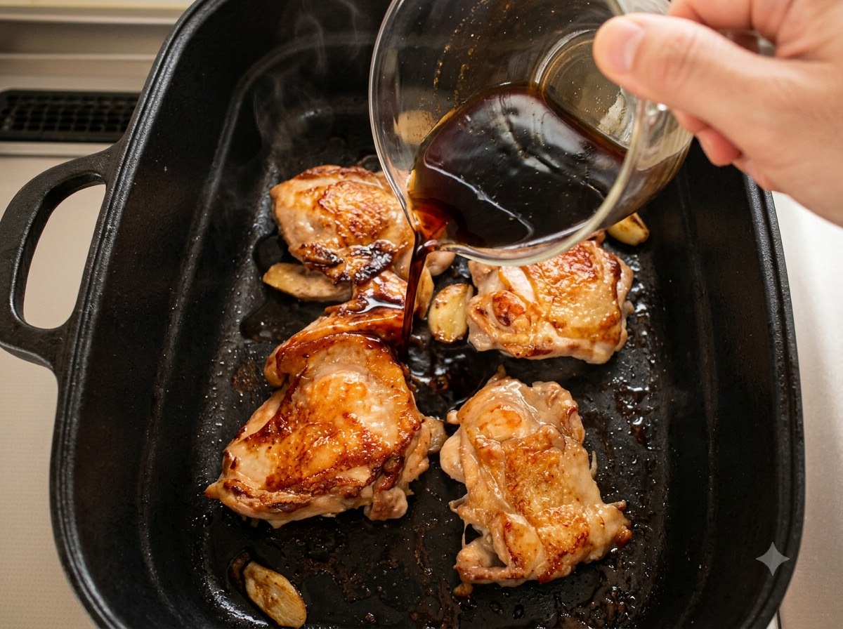 A hand pouring a dark, rich teriyaki sauce from a glass bowl over golden pan-fried chicken thighs in a black skillet.