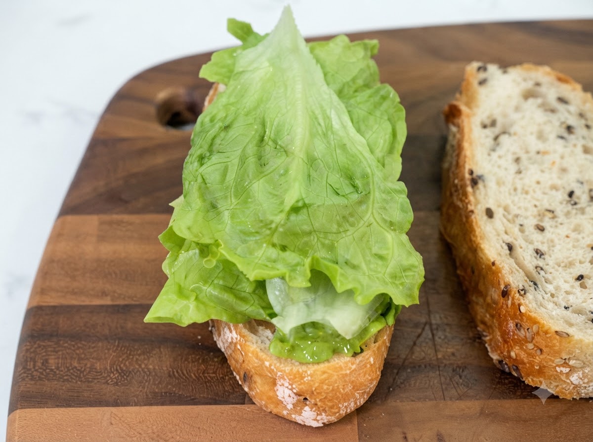 Bright green, fresh lettuce leaves folded neatly on top of a slice of mustard-spread bread on a wooden board.
