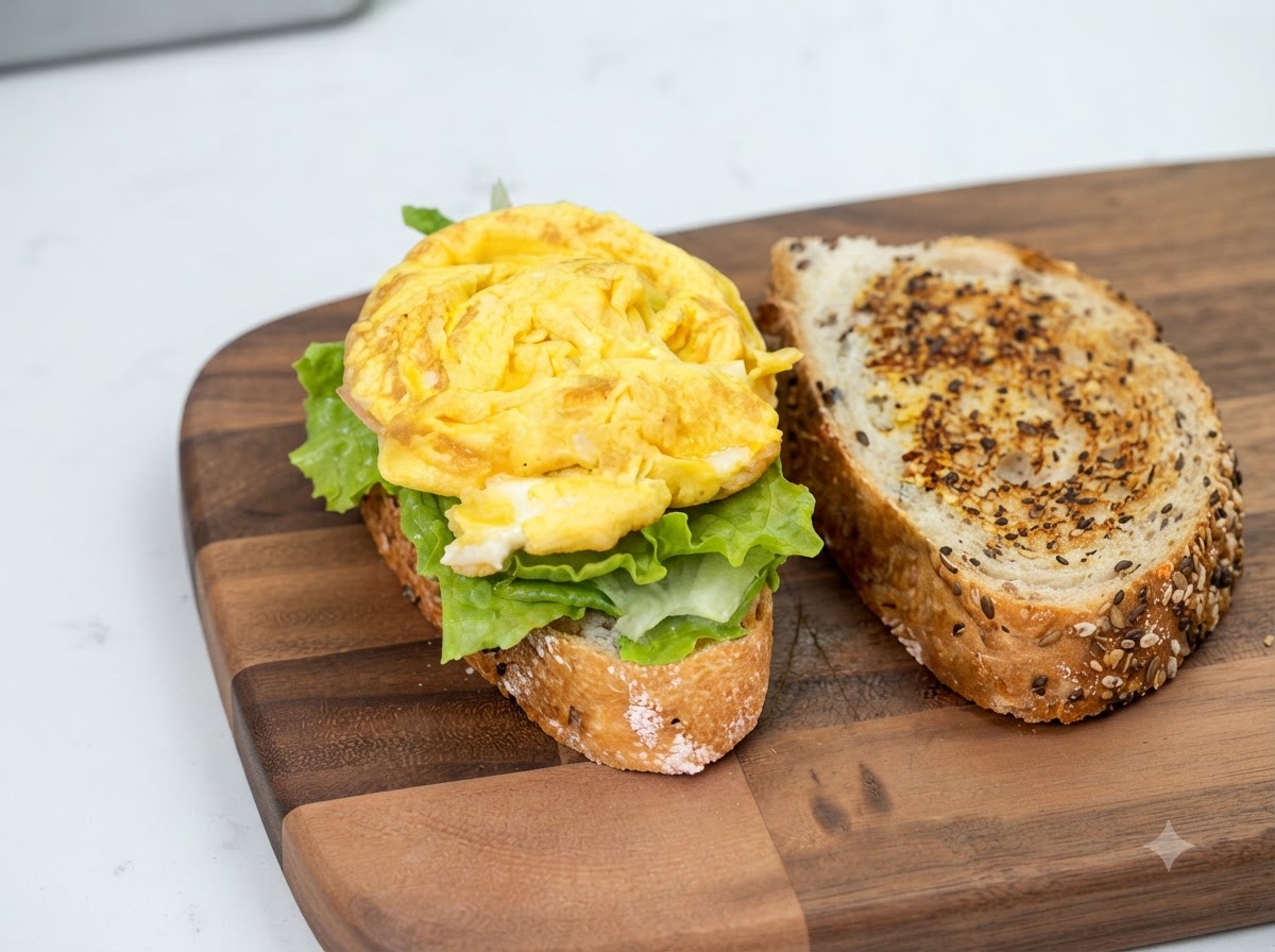 A freshly cooked, slightly folded yellow fried egg sitting on top of fresh green lettuce on a slice of rustic bread.