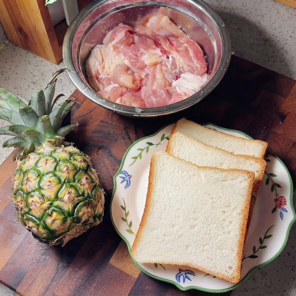 Raw chicken thighs in a stainless steel bowl surrounded by a pineapple and a plate of white bread.