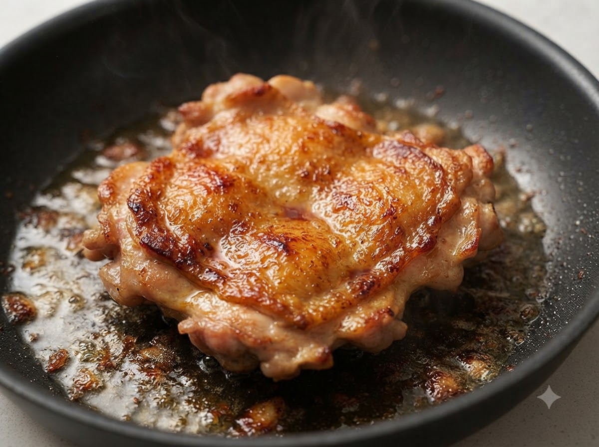 A golden-brown pan-fried chicken thigh sizzling in a skillet with cooking juices.