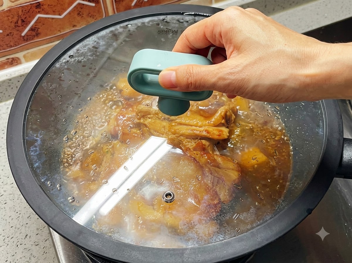 A hand holding the glass lid of a skillet while chicken simmers inside in a bubbling brown sauce.