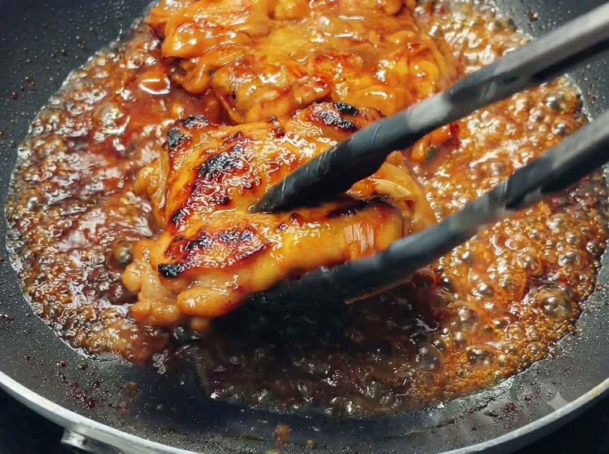 Tongs flipping a glazed chicken thigh in a pan filled with bubbling brown teriyaki sauce.