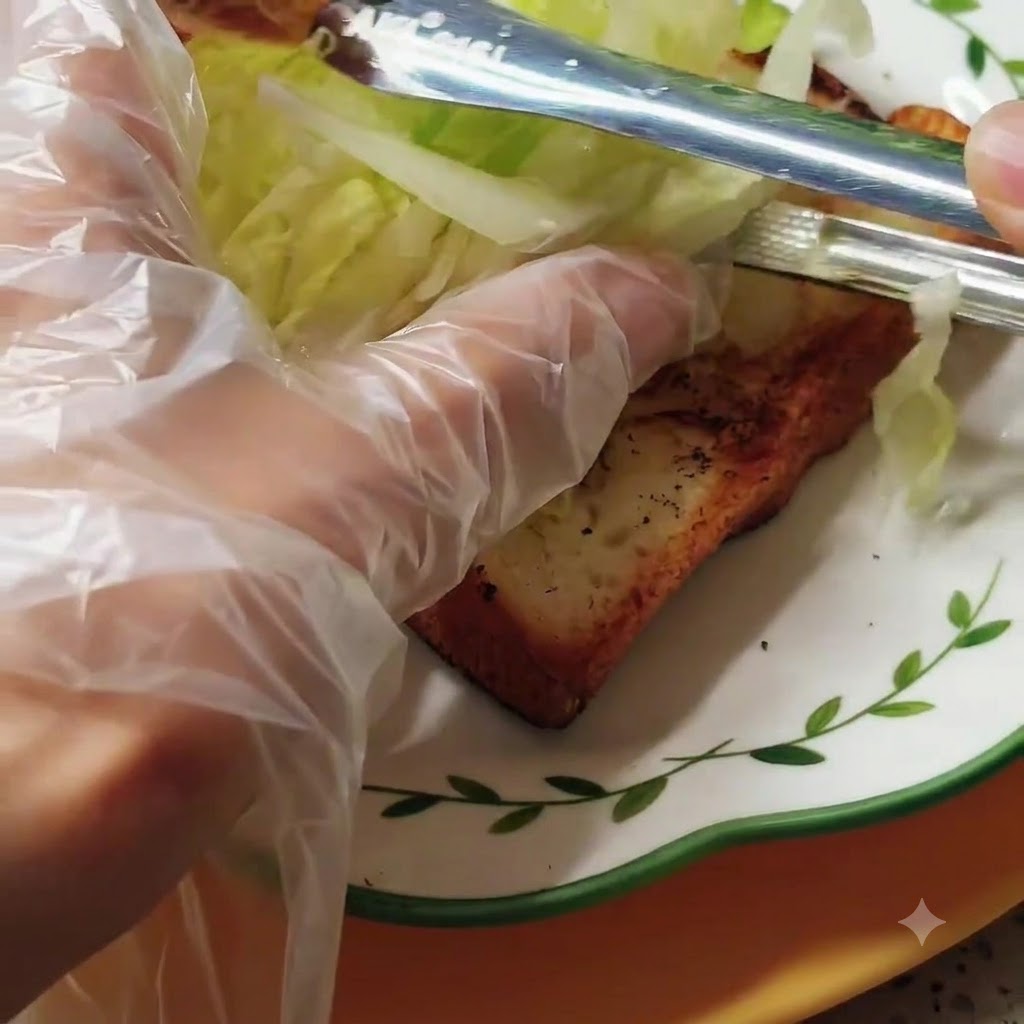 A pair of tongs placing fresh, shredded lettuce on top of a slice of golden toasted bread.