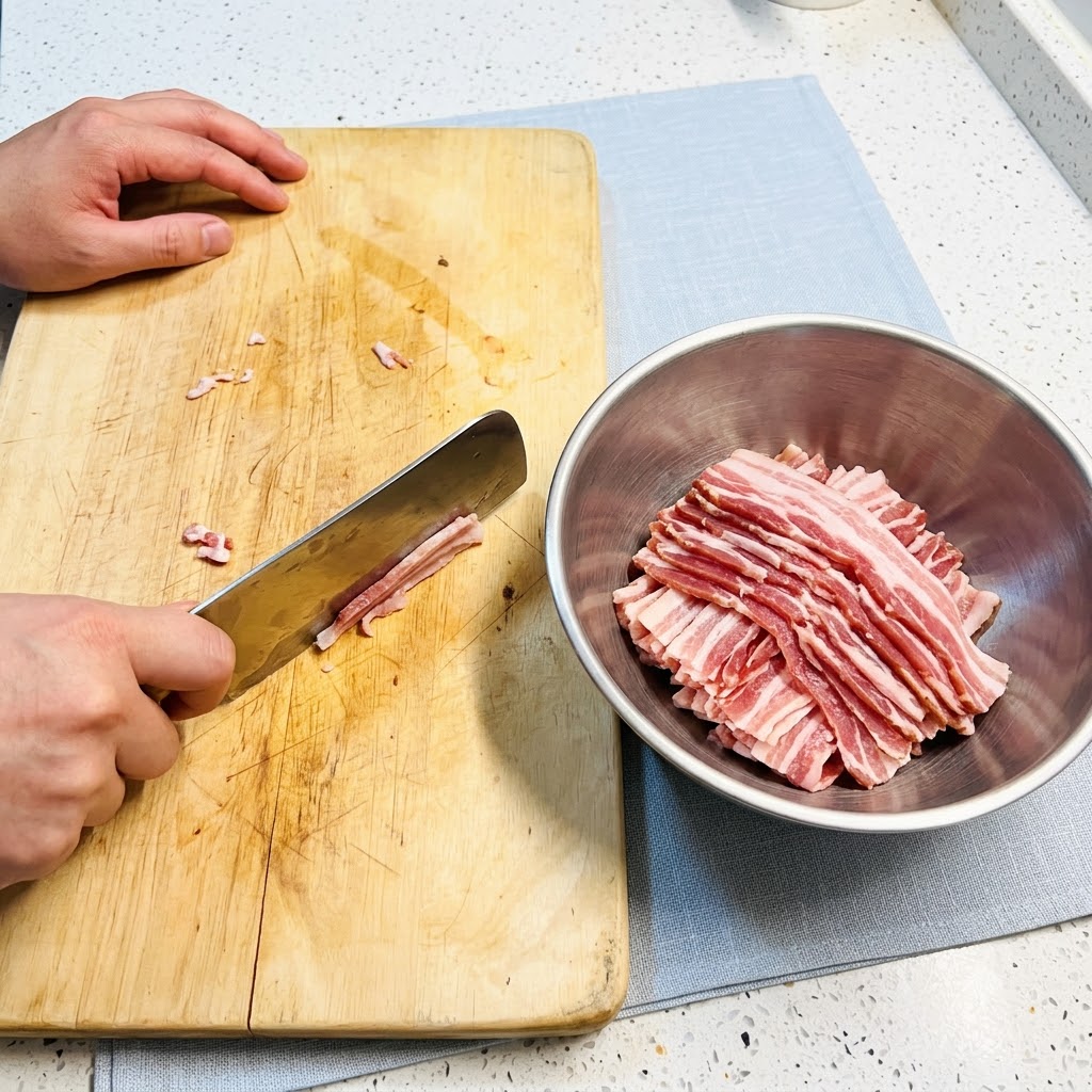 Slices of pork belly being cut on a wooden cutting board and put into a metal mixing bowl.