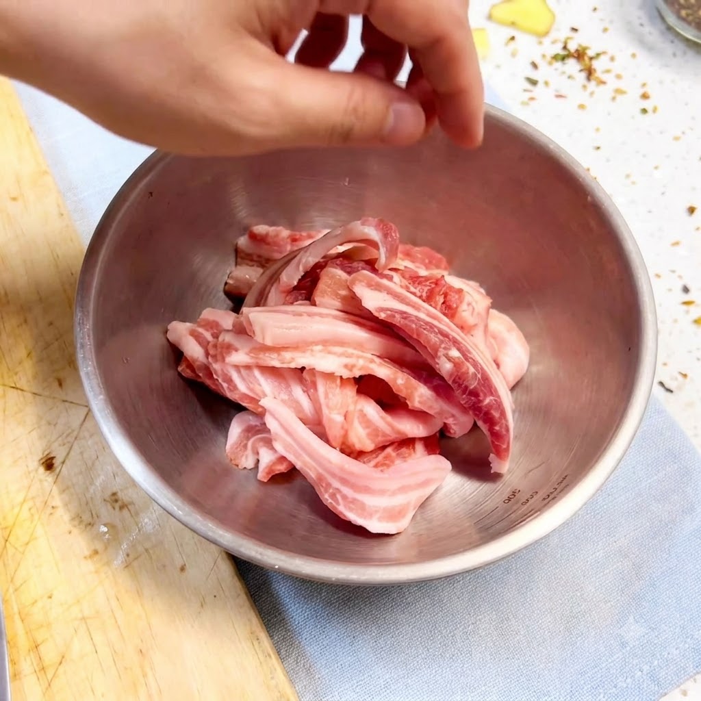 Gloved hand mixing pork belly slices with seasonings and aromatics in a metal bowl.