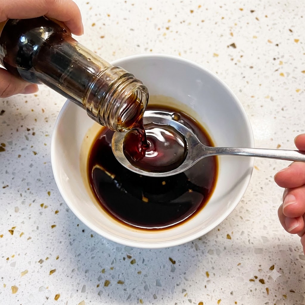 Liquid seasoning being poured from a bottle into a white bowl containing other sauce ingredients.