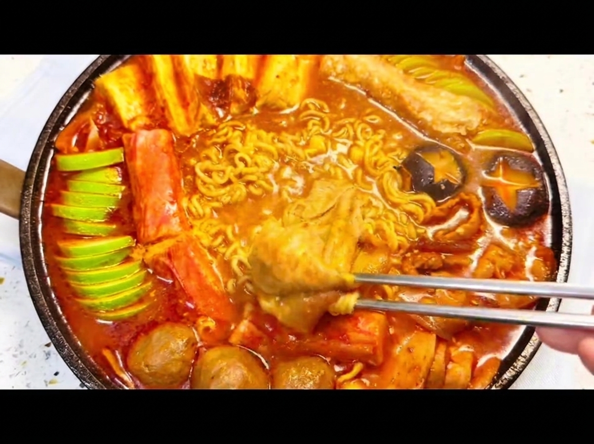 Tofu, sliced green squash, shiitake mushrooms, meatballs, and luncheon meat neatly arranged inside the large stew pan.