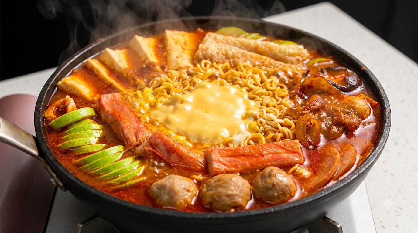 A bubbling pot of Korean army stew filled with ramen noodles, melted cheese, spam, tofu, and rich spicy broth.