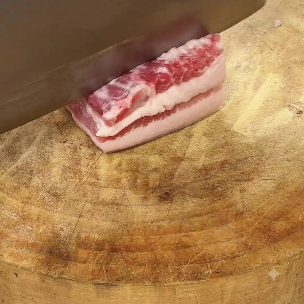 A sharp cleaver cutting a strip of raw pork belly into equal portions on a worn wooden cutting surface.