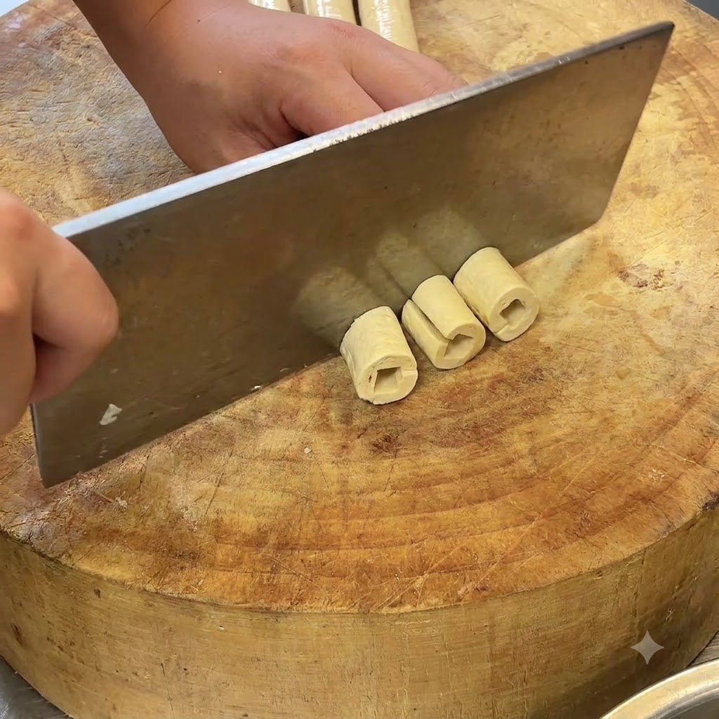 A kitchen cleaver slicing through cylindrical soaked bean curd skin rolls on a cutting board.