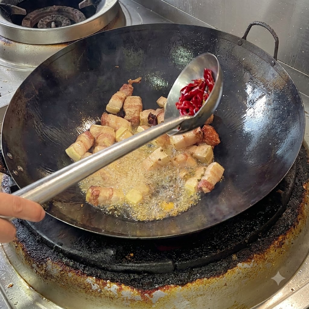 A ladle adding bright red dried chili peppers and Sichuan peppercorns into a wok with rendering pork belly.
