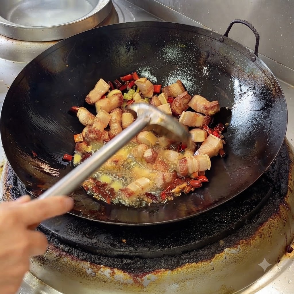 A ladle mixing bean paste and aromatics into the sizzling pork belly mixture inside a wok.