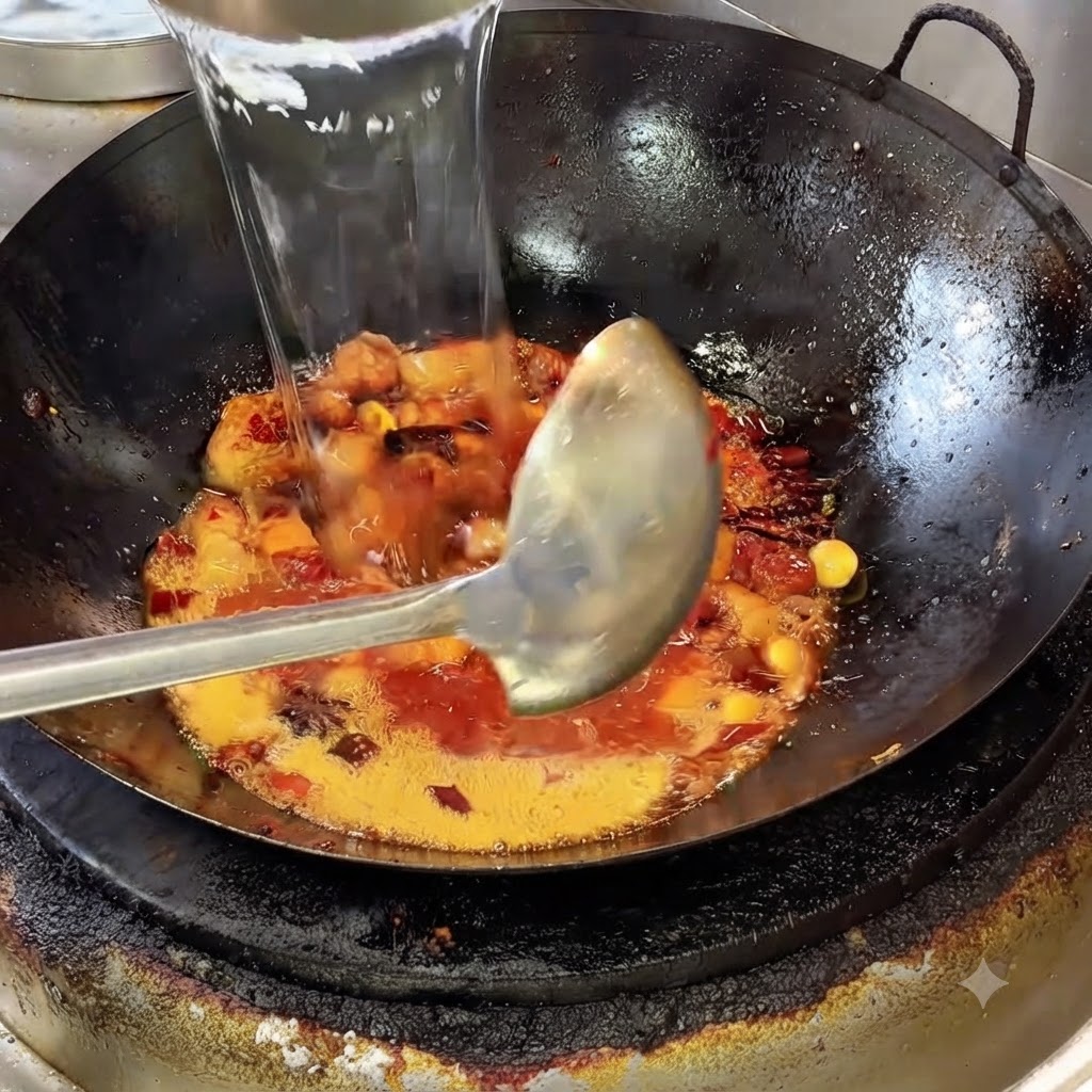 Clear cooking stock being poured from a container into a seasoned wok filled with pork belly and spices.