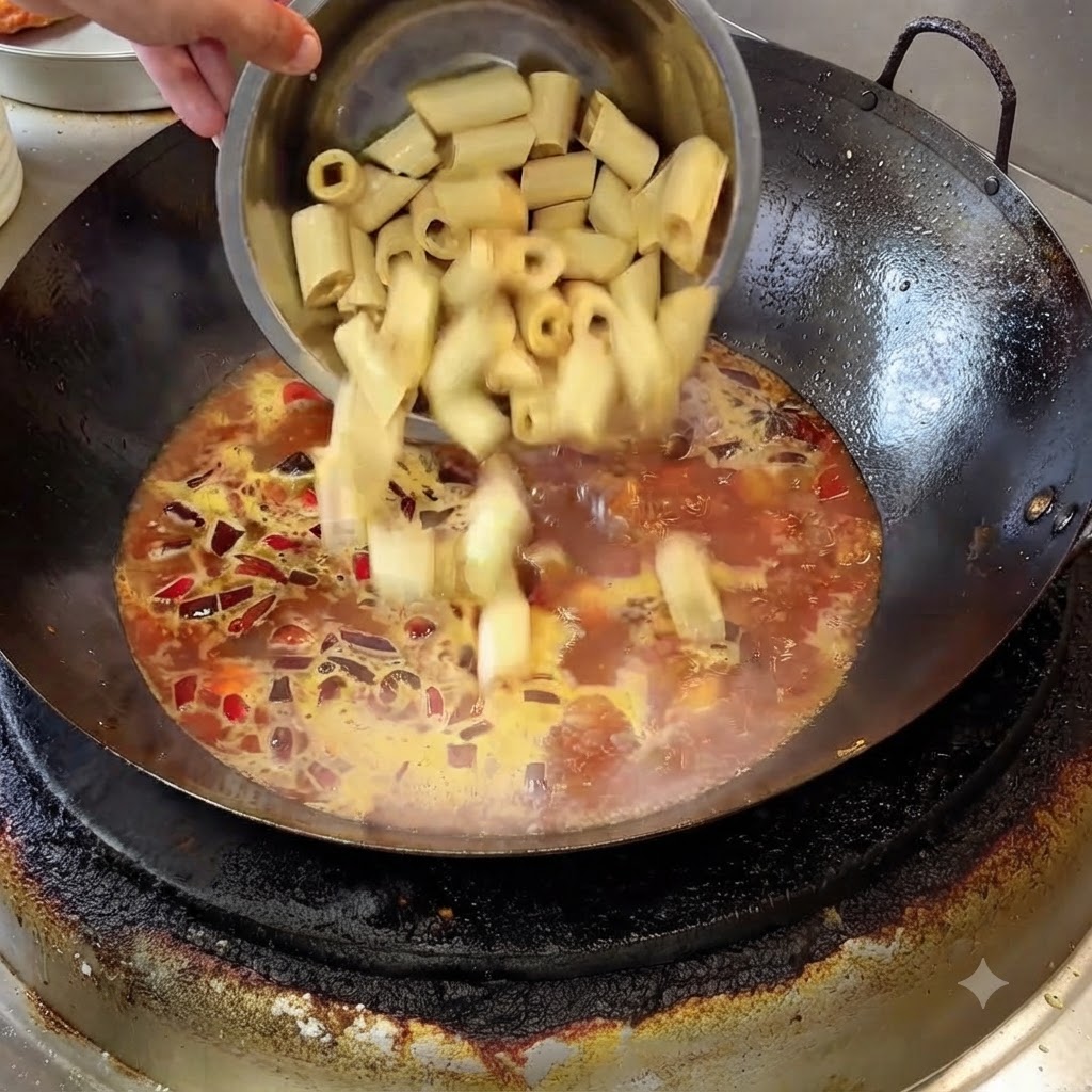 Chopped cylindrical bean curd skin rolls being poured from a steel bowl into a bubbling red braising broth in a wok.
