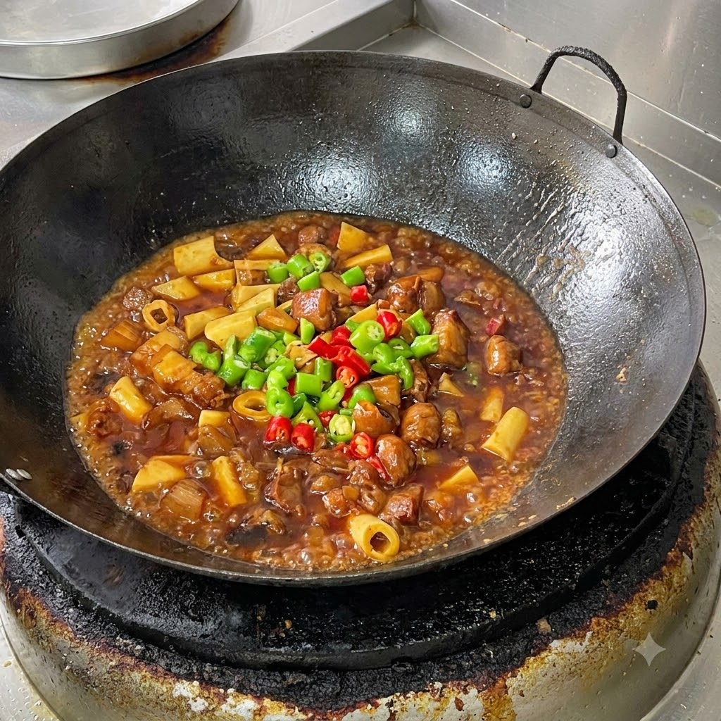 A close-up of a braised pork belly and bean curd skin dish in a wok, topped with freshly added chopped green and red millet peppers.