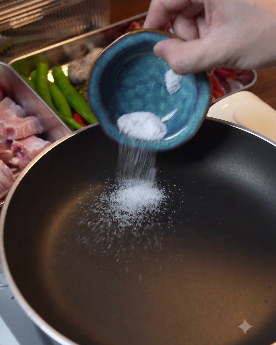 Green Sichuan peppercorns and salt being heated in a dry skillet.
