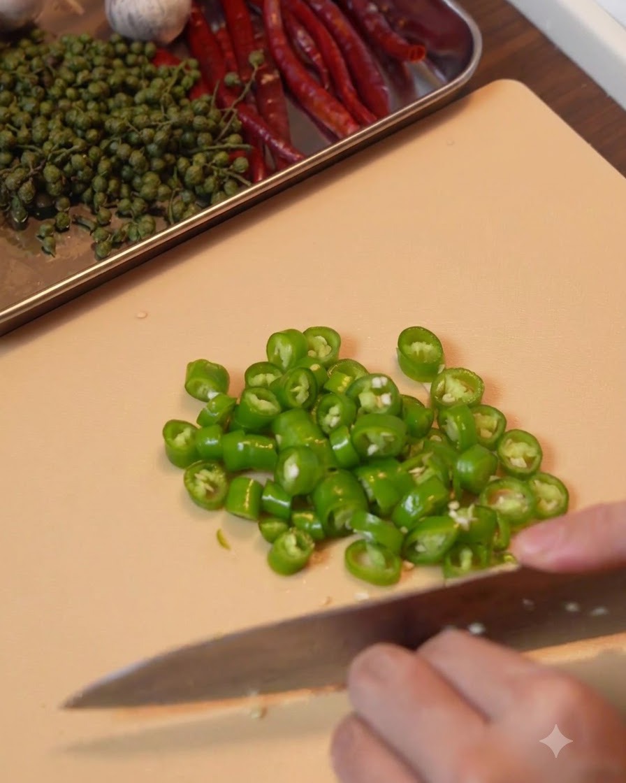 Dried red chilies being rinsed in a metal sieve.