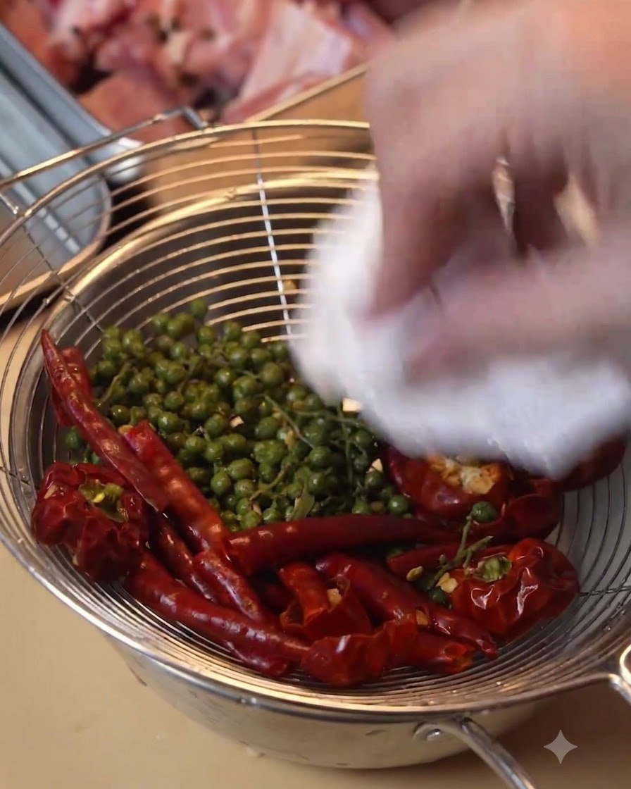 Garlic cloves being pressed down with a manual kitchen tool.