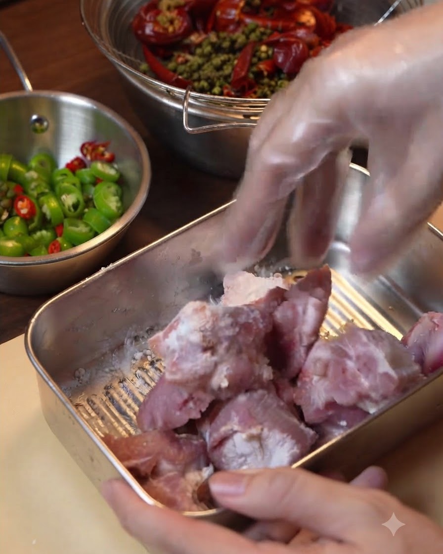 Pork rib pieces frying in a wok filled with hot oil.