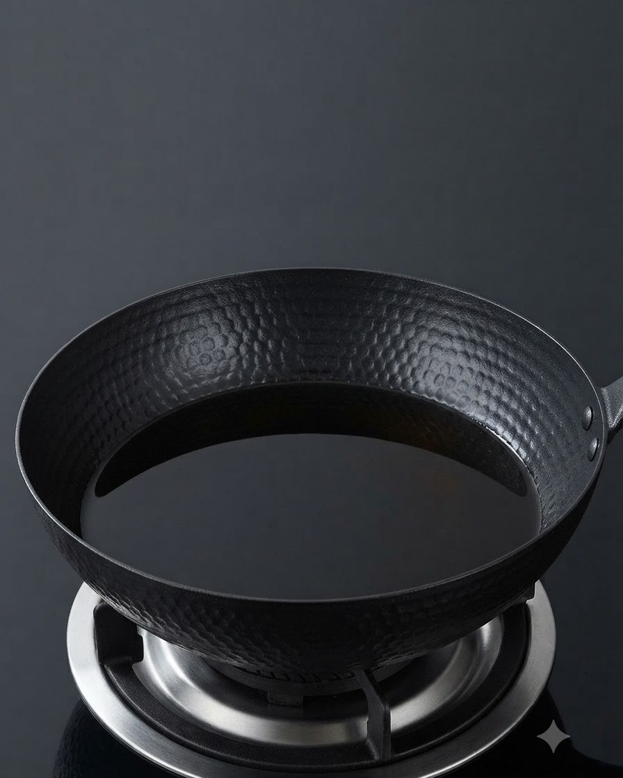 A black wok filled with hot frying oil on an induction stove top.