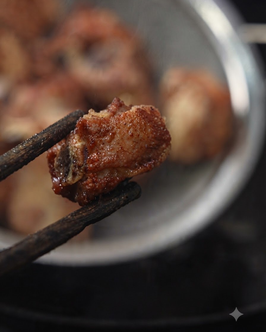 A piece of fried pork rib being held up by dark wooden chopsticks over a stainless steel strainer.