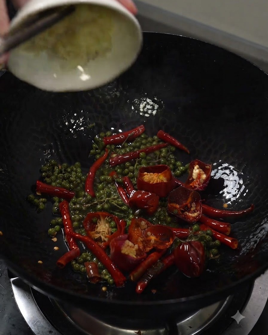 Minced garlic being poured from a small white bowl into a wok containing green Sichuan peppercorns and dried red chilies.
