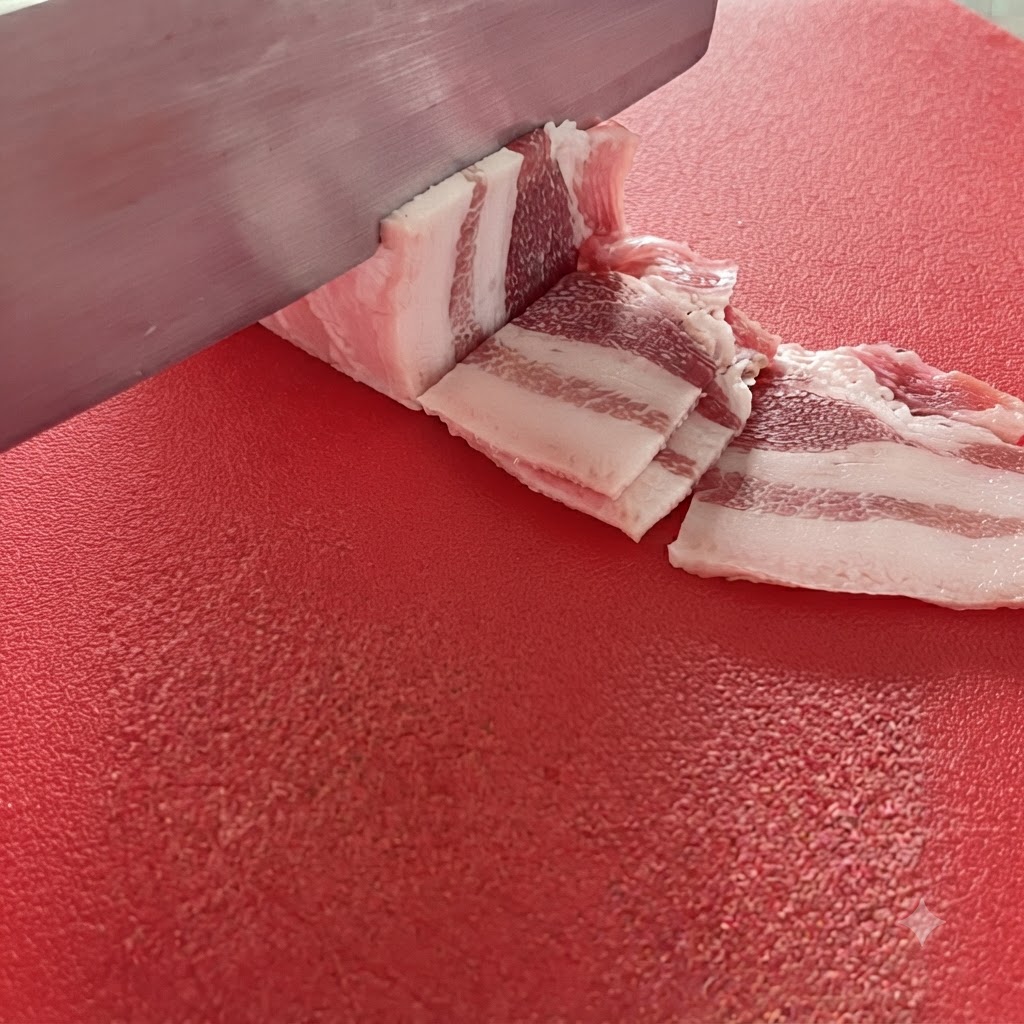 Pork belly cut into neat 1.5-centimeter strips on a red cutting board.