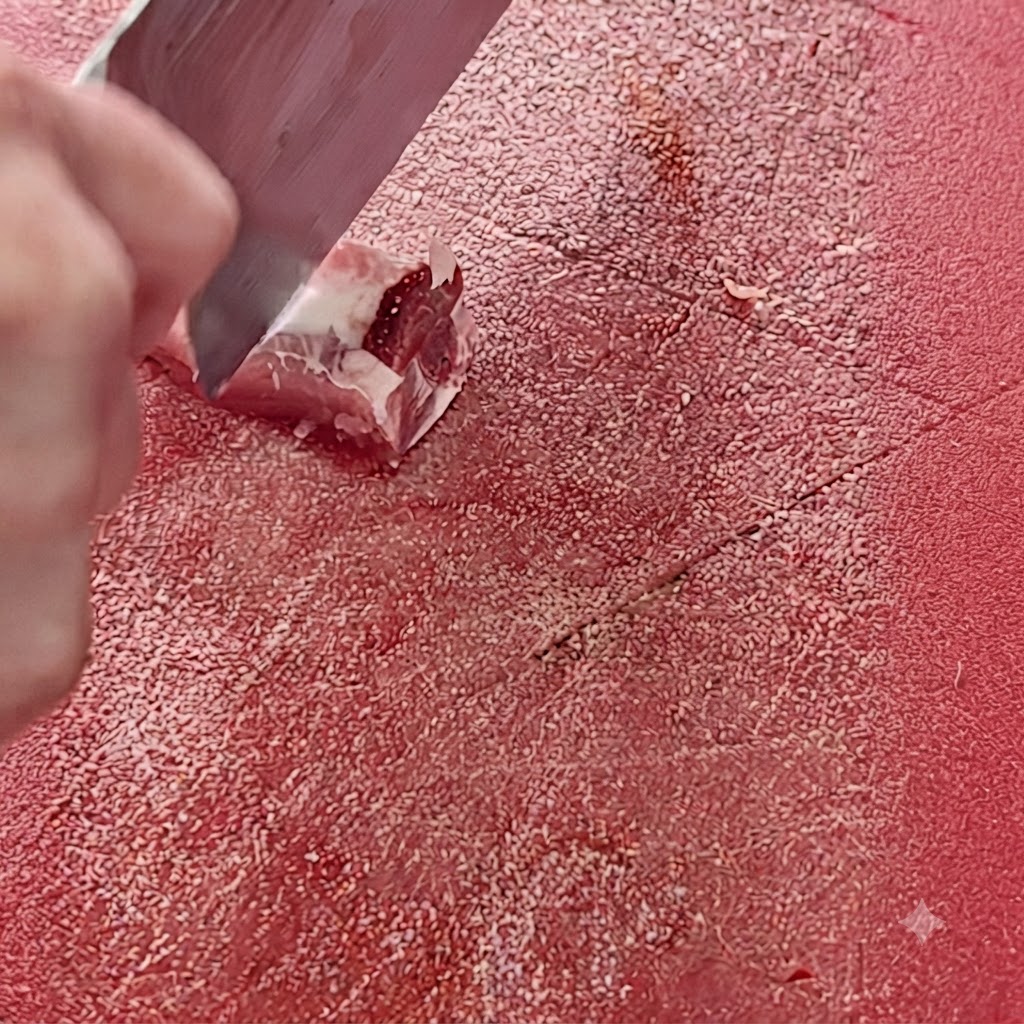A kitchen knife chopping pork ribs into small pieces on a red cutting surface.