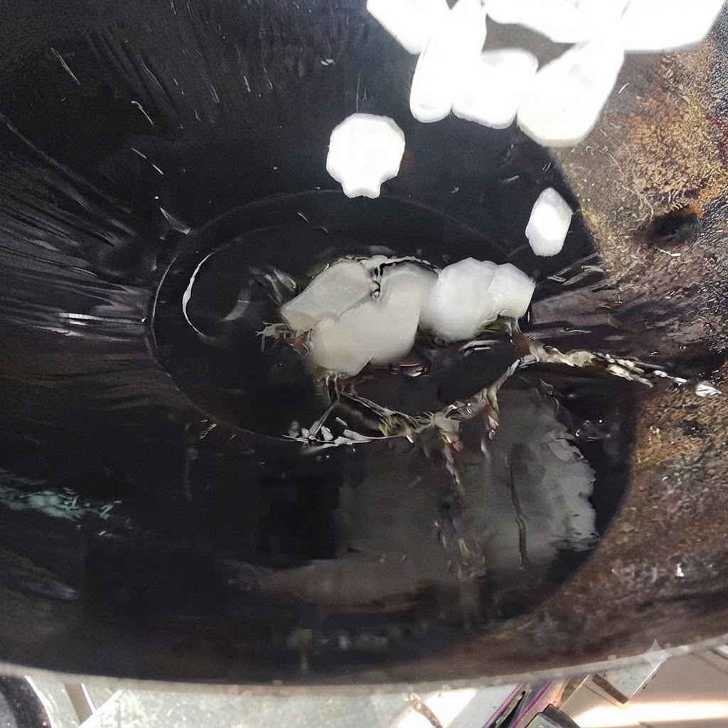 Pieces of rock sugar melting in hot oil inside a wok being stirred with a metal ladle.