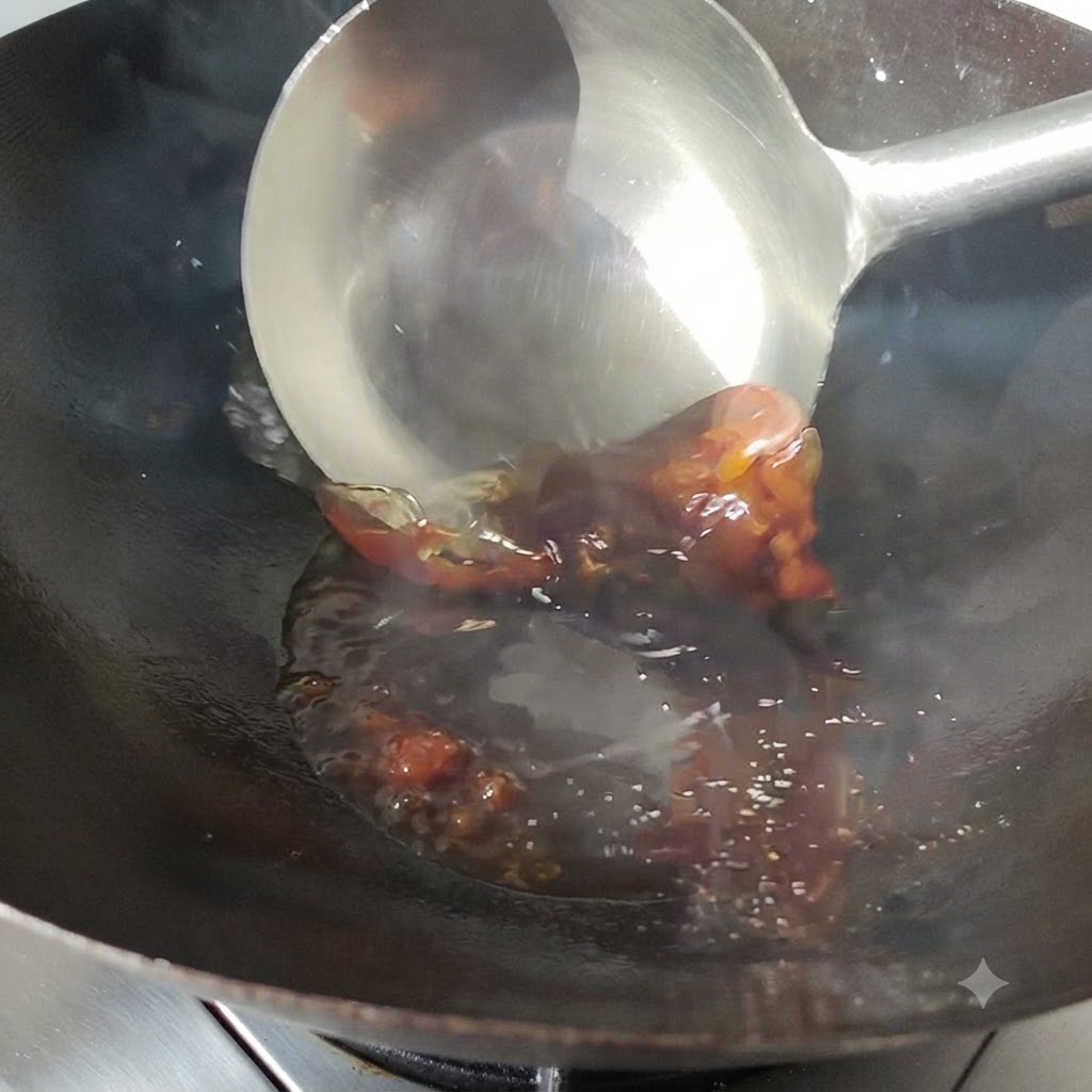 Bean paste sizzling in hot oil inside a wok being stirred with a metal ladle.