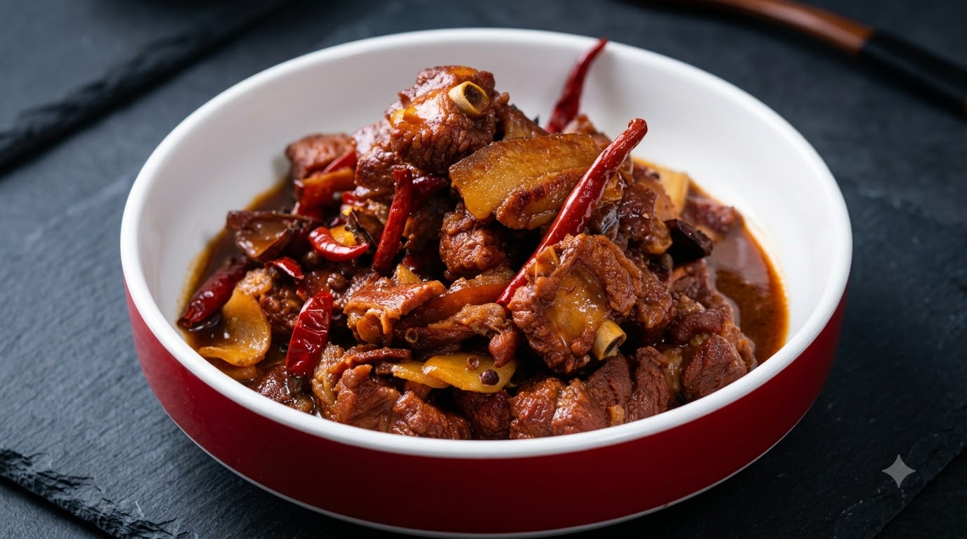 A bowl of dry-fried pork ribs and belly coated in a glossy savory sauce with dried chilies and ginger