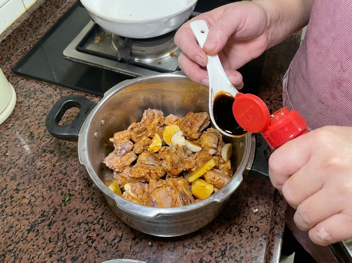 A white spoon holding dark soy sauce being emptied into the pressure cooker over the seasoned ribs.
