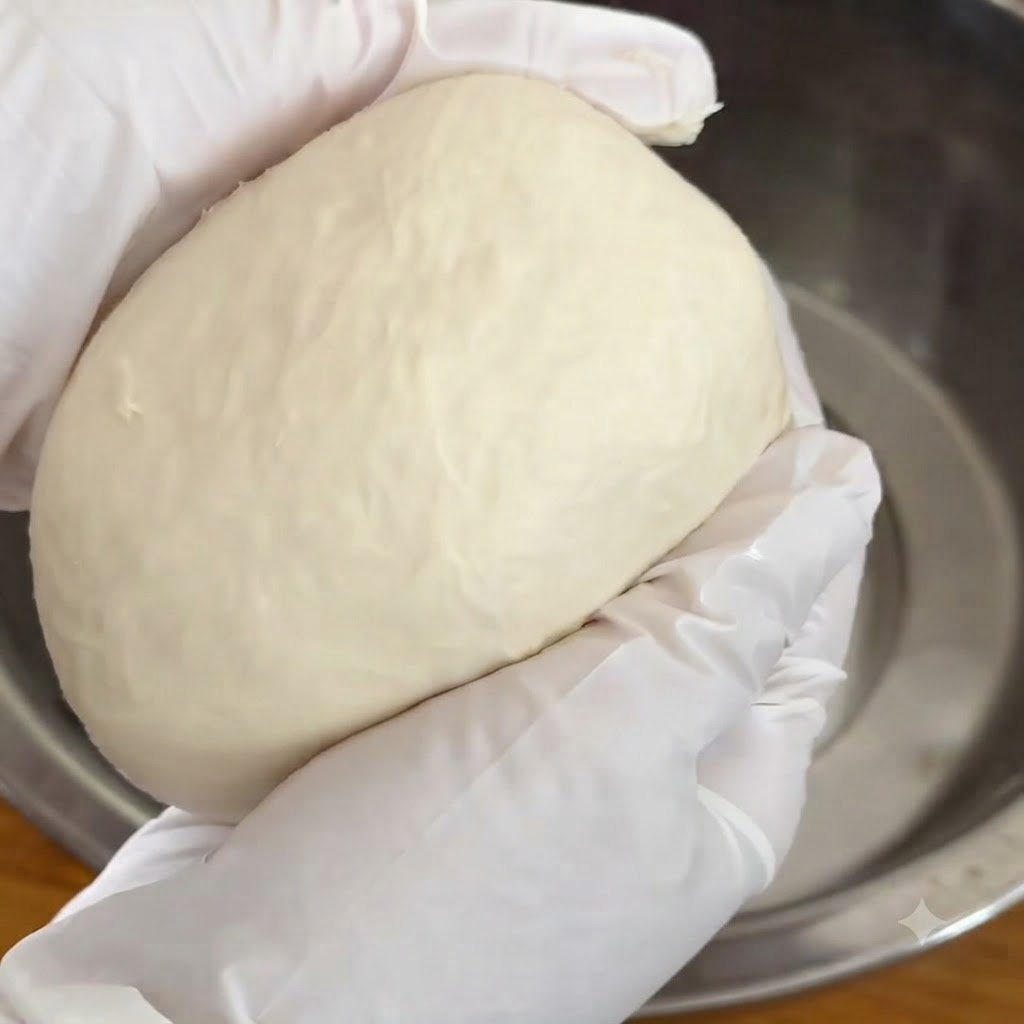 A gloved hand holding a smooth round ball of pizza dough over a stainless steel container.