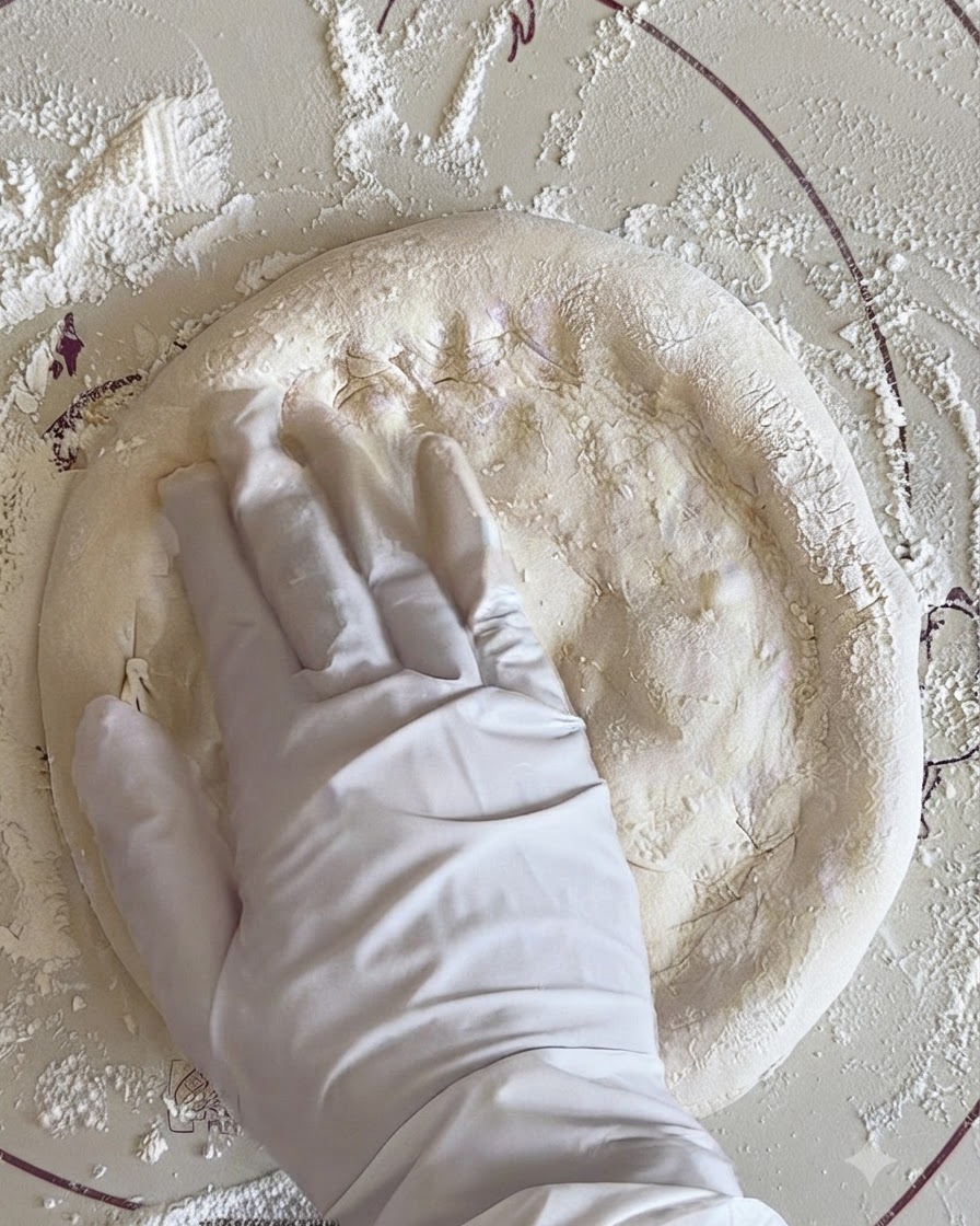 A gloved hand pressing down on a round piece of fermented pizza dough on a floured work surface.