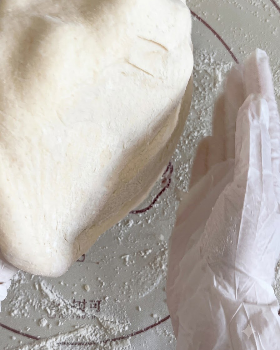 Flattened pizza dough being handled between hands above a floured mat.