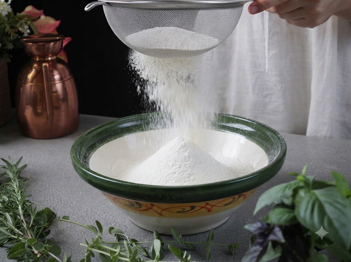 Type 00 flour and dry ingredients being sifted through a metal strainer into a large green-rimmed bowl.