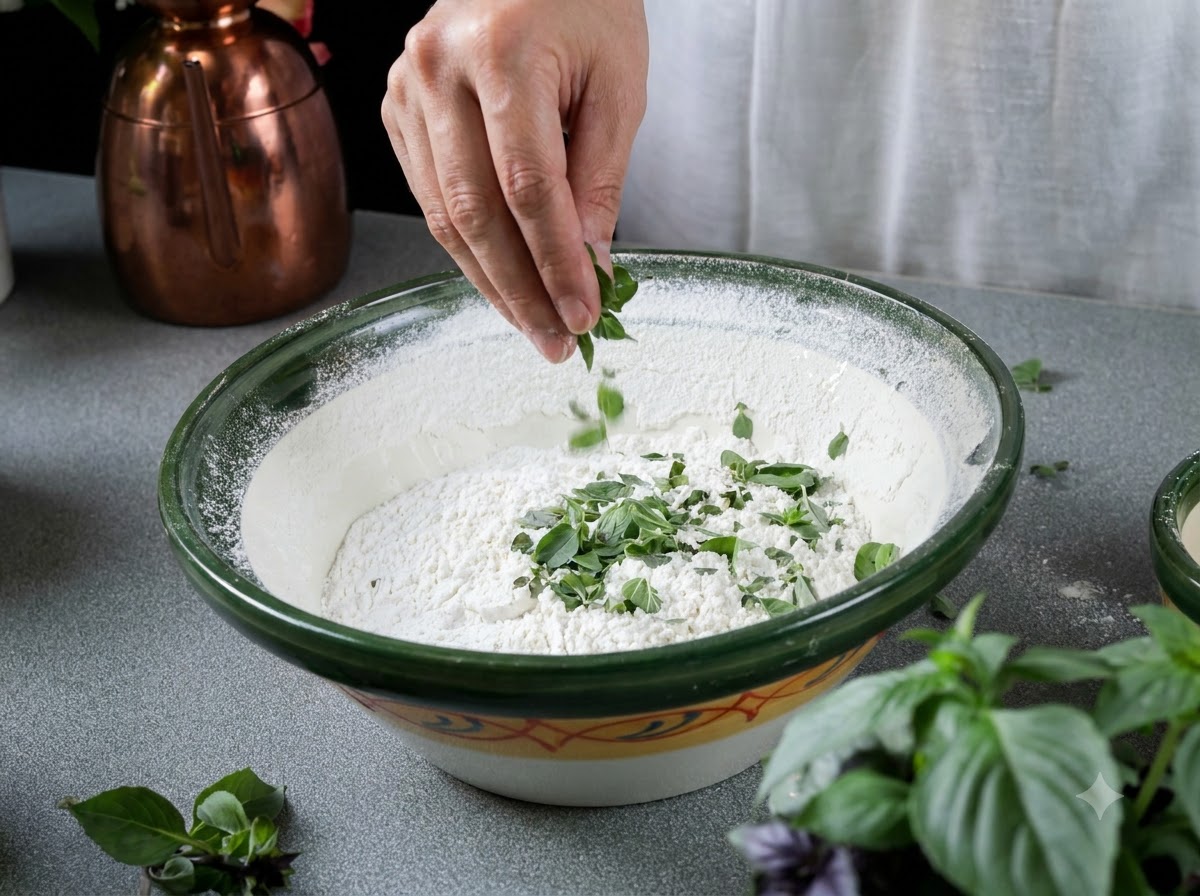 Fresh green oregano leaves being sprinkled by hand over the flour mixture inside a bowl.