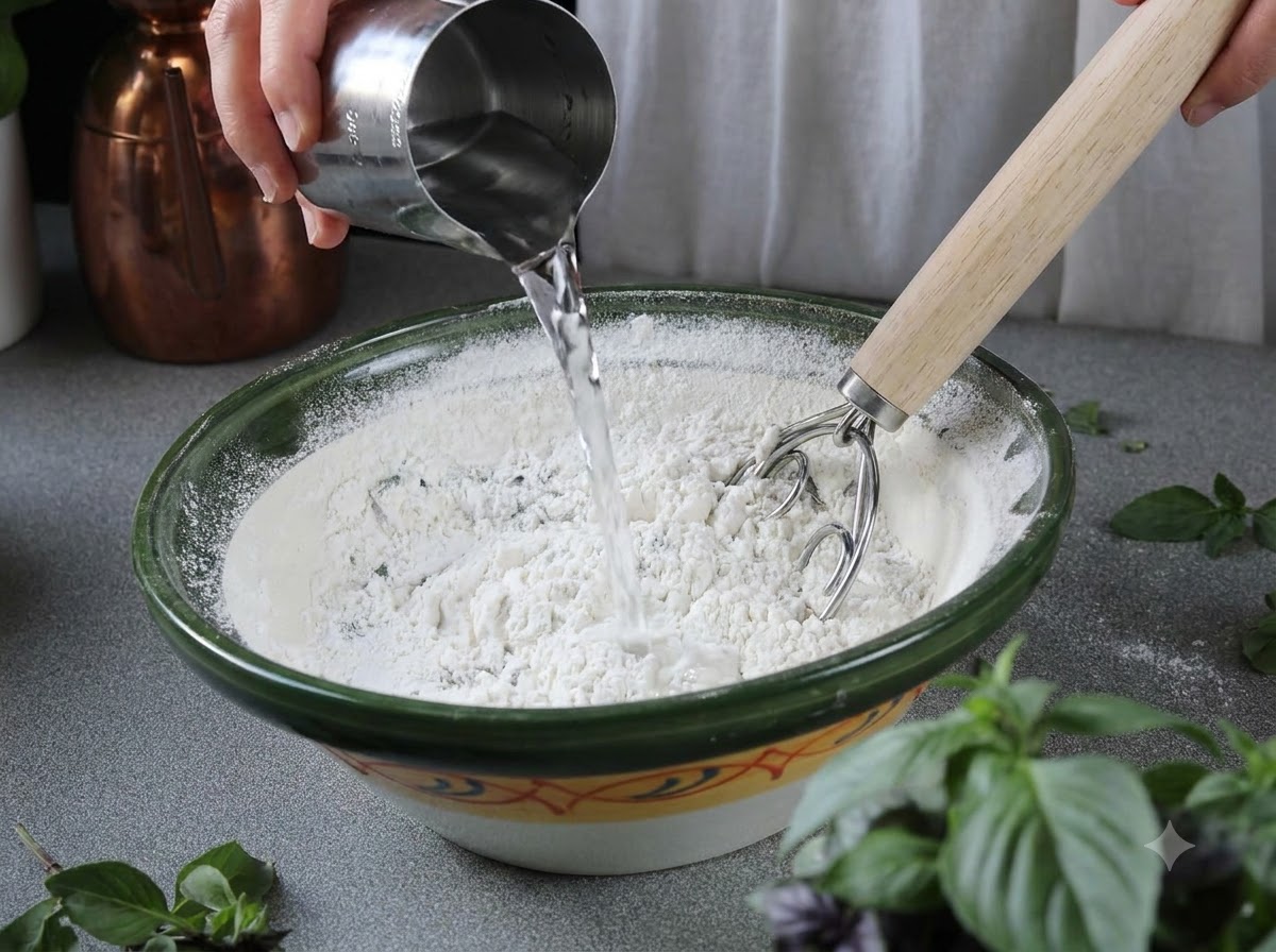 Water being poured from a metal pitcher into a bowl of flour while being mixed with a wooden dough whisk.