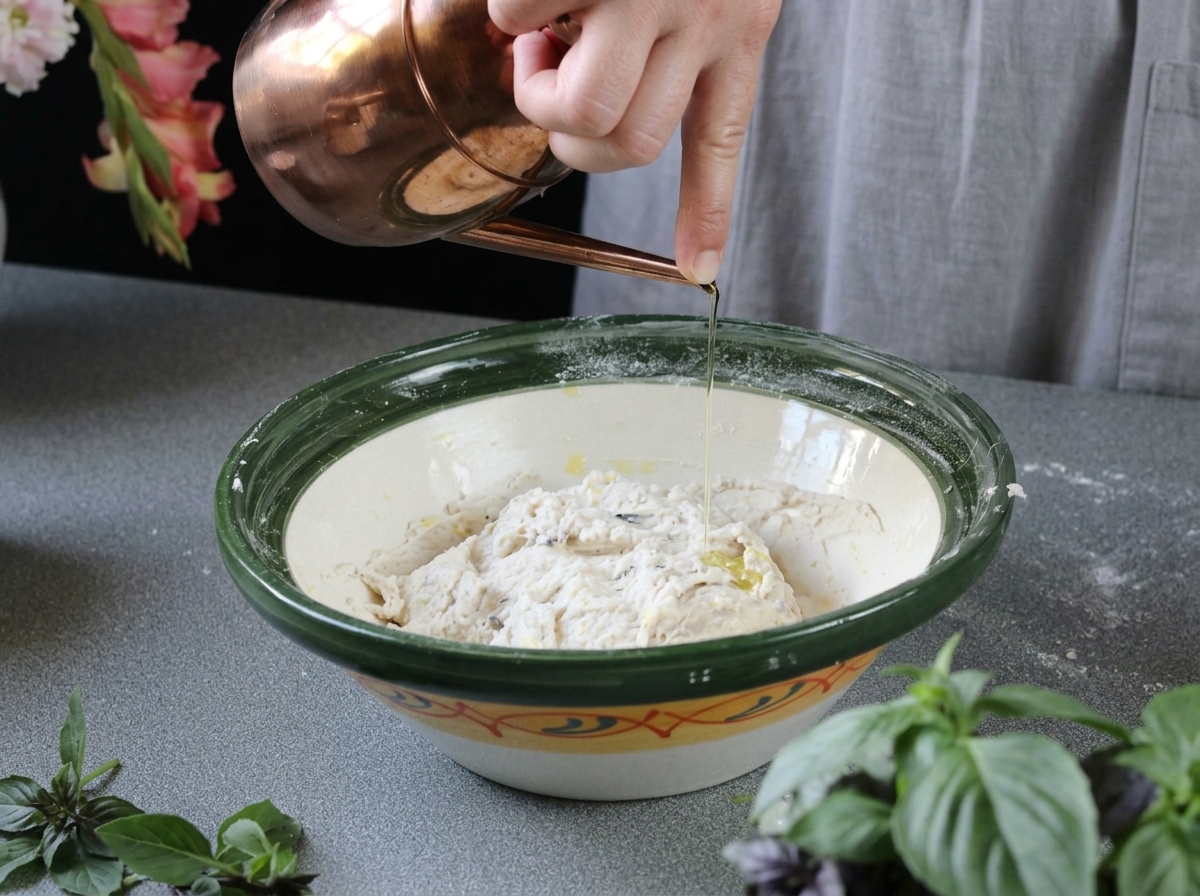 Olive oil being drizzled from a copper oil can onto the rough dough mass in a mixing bowl.