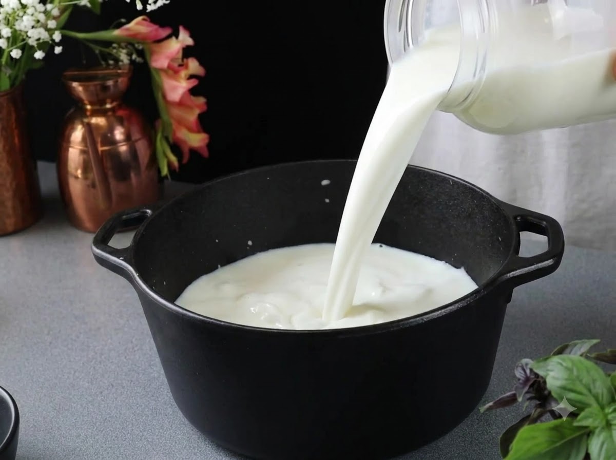 Fresh milk being poured from a clear plastic jug into a black cast-iron pot.